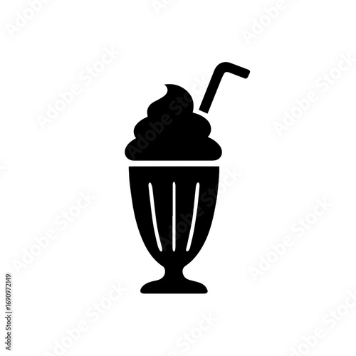 Silhouette of milkshake glass with straw - Black silhouette illustration of a tall milkshake glass with whipped topping and straw, symbolizing dessert, sweet drinks, and refreshments.
