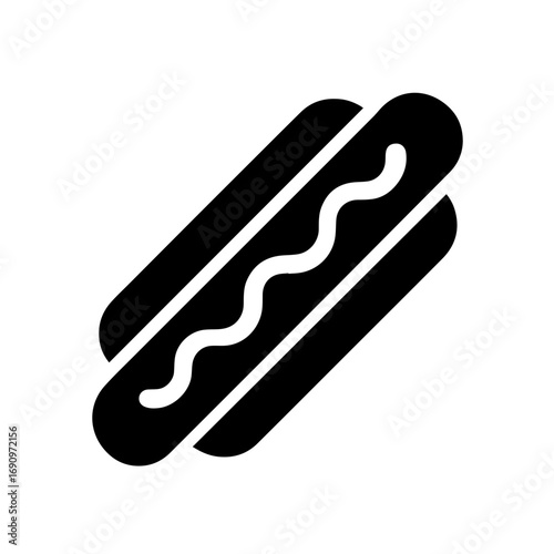 Hot dog silhouette fast food sandwich icon - Silhouette of a hot dog with sausage and bun topped with sauce, symbolizing fast food, snack, street food, and casual eating.
