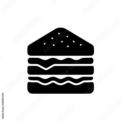 Silhouette of burger with layers and bun - Black silhouette illustration of a hamburger with multiple layers and sesame bun, symbolizing fast food, meal, and classic American cuisine.
