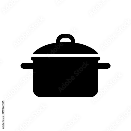 Cooking pot silhouette with lid kitchen utensil - Silhouette of a cooking pot with handles and lid, symbolizing kitchen utensils, food preparation, boiling, stewing, and home cooking.
