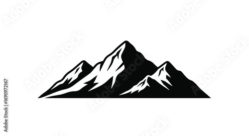 Majestic mountain range silhouette against a clean white background, symbolizing adventure and nature's grandeur.