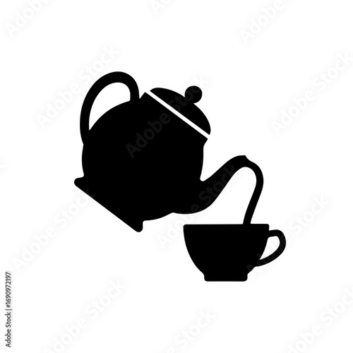 Silhouette of teapot pouring into teacup - Black silhouette illustration of a teapot pouring tea into a cup, symbolizing relaxation, beverage culture, and traditional tea drinking.
