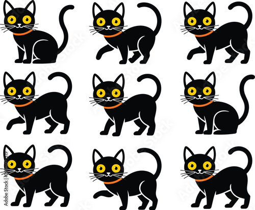 Vector illustration set of nine adorable black cats in different walking and standing poses, isolated on a white background