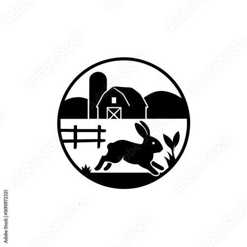 Farm landscape with rabbit silhouette and barn - Circular farm scene illustration featuring a rabbit running near plants with a barn, fence, and silo in the background.
