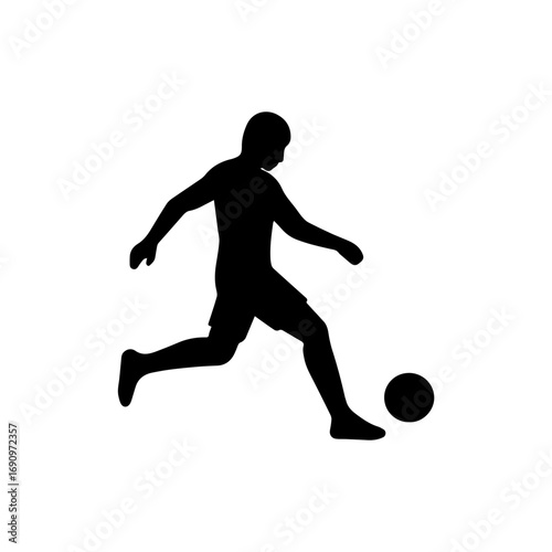 Soccer player silhouette kicking football ball - Silhouette of a soccer player in motion about to kick a football, symbolizing teamwork, energy, competition, and athletic performance.
