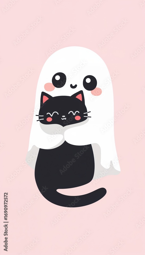 Fototapeta premium Cute ghost hugging a smiling black cat on a pastel pink background, perfect for Halloween themes