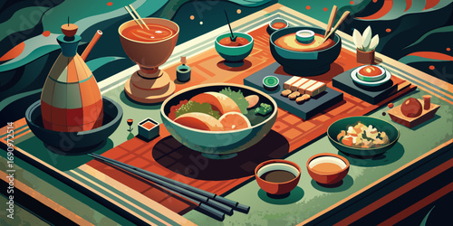 A beautiful traditional Japanese gourmet sushi set on a bamboo mat with a healthy green tea, miso soup, and fresh vegetable salad