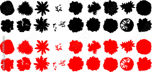 tree, silhouette, top view, aerial view, shape, foliage, leaves, bush, plant, nature, organic, abstract, pattern, black, red, graphic, design, element, collection, set, variety, different, shapes, org