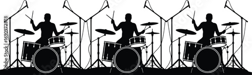 A simple black and white vector illustration showing a repeating silhouette pattern of a drummer playing a drum kit with microphones