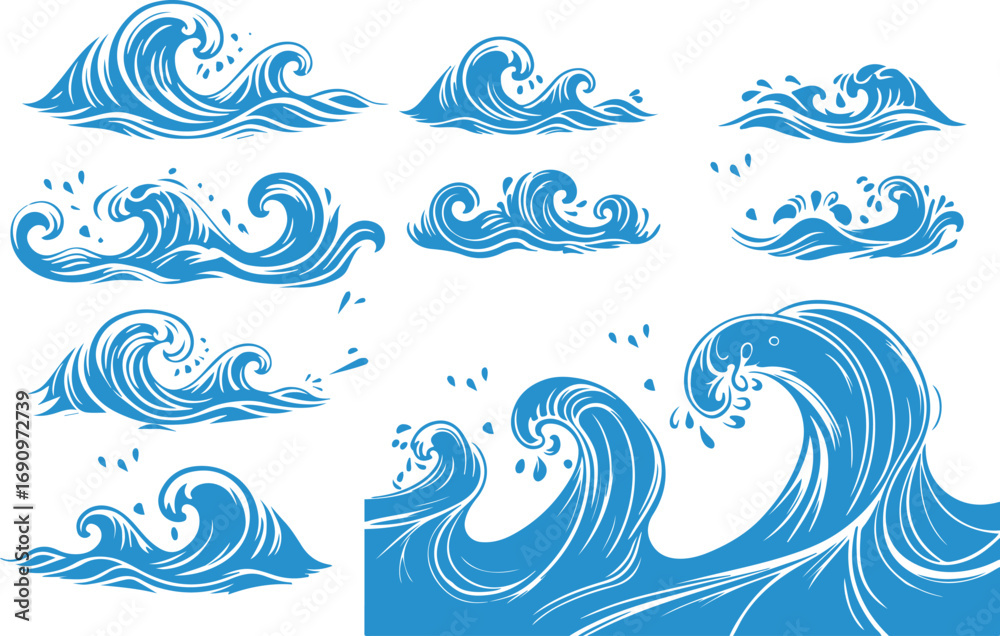 Fototapeta premium Blue water wave vector set. Abstract ocean wave icons, sea ripple shapes, liquid flow elements, simple doodle style water wave collection illustration.eps