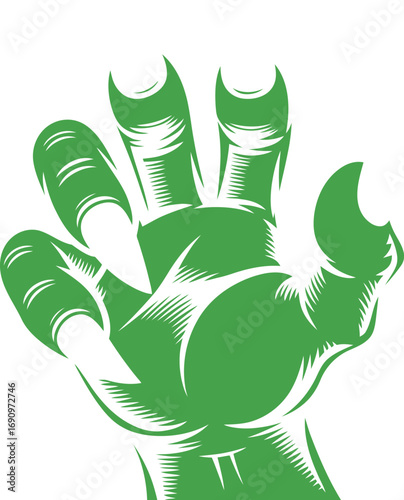 A striking green monster hand reaching forward in a bold, graphic woodcut line art style