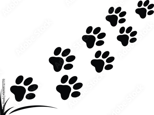 A stylized cartoon illustration depicting a trail of black animal paw prints leading away from a tuft of grass on a clean white background