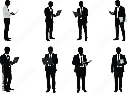 PrintBusinessman silhouette, using laptop, tablet, smartphone, reading documents, professional posture, office attire, digital workspace, corporate communication, vector illustration, black graphic