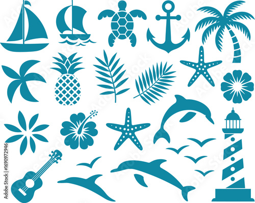 A vibrant set of stylized teal icons representing summer, beach life, and tropical vacation themes on a white background