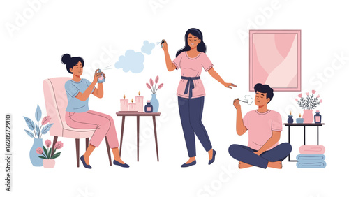 Three diverse young adults enjoying a relaxing afternoon at home engaging in creative hobbies and self care activities together