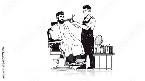 A skilled barber meticulously trims a client s beard and hair in a vintage barber shop with a classic chair and grooming tools