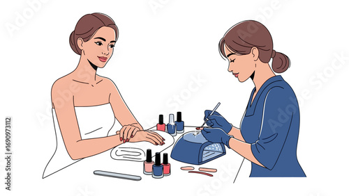 A woman receives a professional manicure from a skilled technician at a beauty salon with nail polish bottles and tools on the table