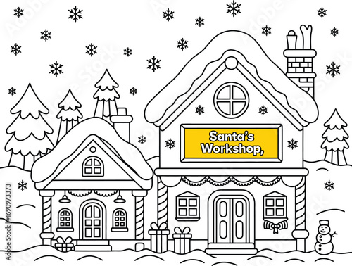 Christmas Coloring Page Santa's Workshop in a Snowy Winter Wonderland with Presents
