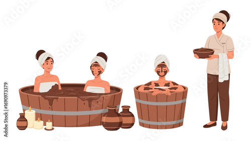 Relaxing spa scene with women in wooden tubs enjoying hot baths and a therapist offering a bowl of herbal ingredients for wellness treatments