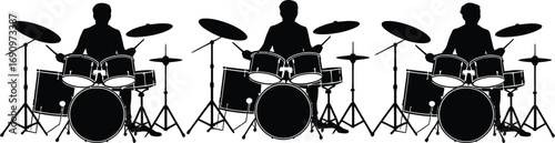 A simple black silhouette illustration featuring a repeated pattern of a musician playing a full drum kit