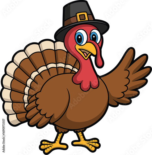 A Charming Cartoon Illustration of a Turkey Waving with a Pilgrim Hat for Thanksgiving