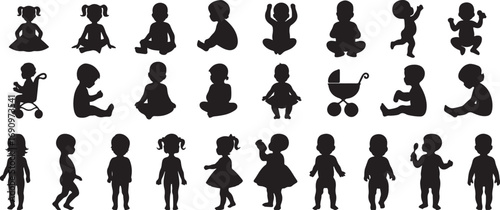 silhouette, baby, toddler, child, infant, kid, cute, playful, sitting, crawling, standing, playing, carriage, stroller, spoon, eating, dress, romper, outline, black, collection, set, group, illustrati
