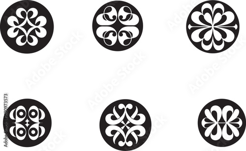 Black circular emblems with white abstract designs