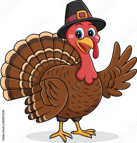 A charming cartoon illustration of a Thanksgiving turkey character wearing a pilgrim hat and waving cheerfully