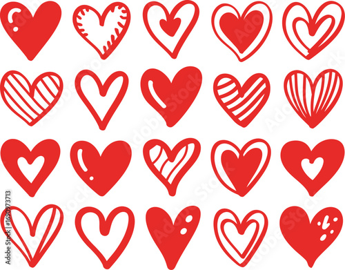 Charming collection of hand-drawn red heart icons. A vector set of cute love symbols in a doodle sketch style for Valentine's Day