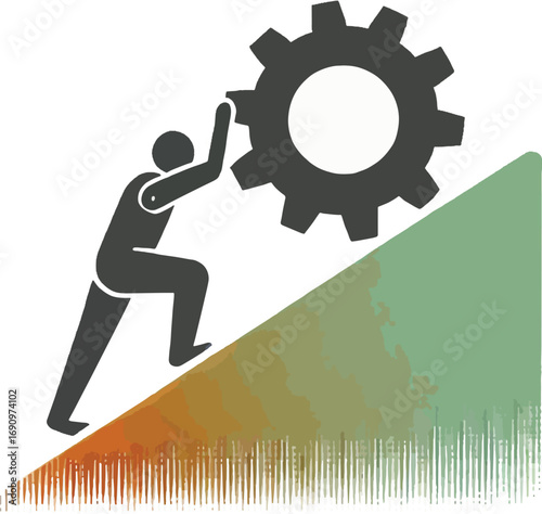 Silhouette Person Pushing Large Gear Up Hill Watercolor Background