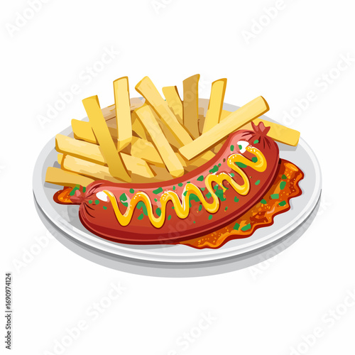Eine klassische Currywurst mit goldgelben, knusprigen Pommes Frites