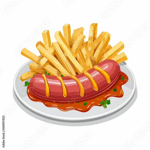 Eine klassische Currywurst mit goldgelben, knusprigen Pommes Frites