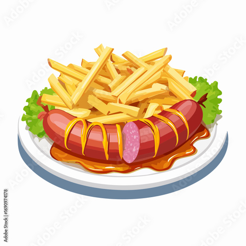 Eine klassische Currywurst mit goldgelben, knusprigen Pommes Frites
