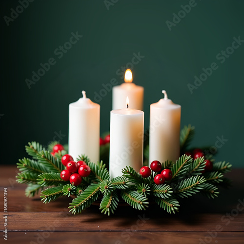 Advent wreath with one lit candle on dark wood table