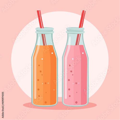 Zwei Glasflaschen mit pinkfarbenen und orangefarbenen Smoothies