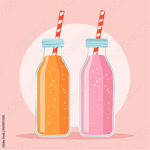 Zwei Glasflaschen mit pinkfarbenen und orangefarbenen Smoothies
