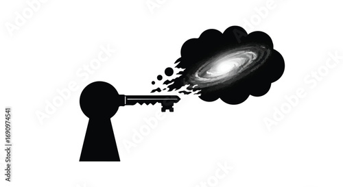 Key unlocking a swirling galaxy, representing discovery and cosmic exploration.