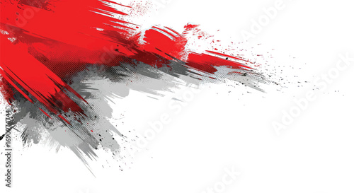 Abstract red and gray paint streaks spread dynamically across a clean white background, transparent