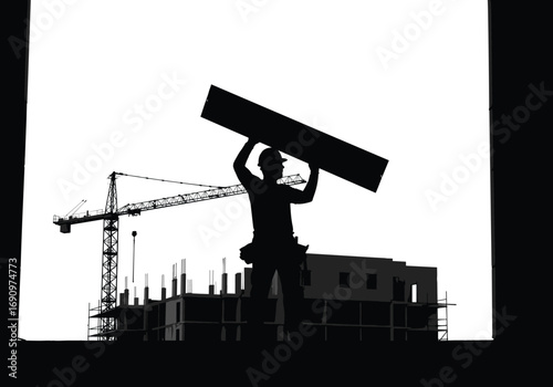 Construction Worker Silhouette with Beam at Building Site, Crane in Background, Industrial Safety Gear, Urban Development, Construction Site Equipment and Labor