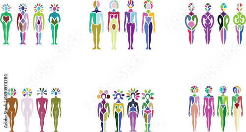 Colorful abstract human figures with patterned bodies and floral heads