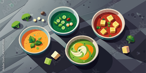 Abstract colorful background with an illustration of a fresh green vegetable soup bowl