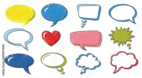 Colorful speech bubbles appear with playful hand drawn textures on a white backdrop