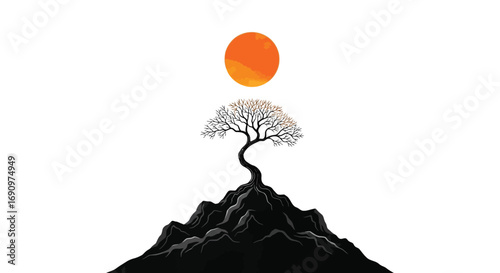 A leafless tree stands atop the dark mountain beneath the glowing orange sun with transparency