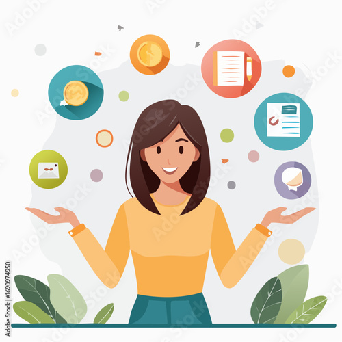 Woman juggling financial and business tasks, managing various elements for success in the workplace