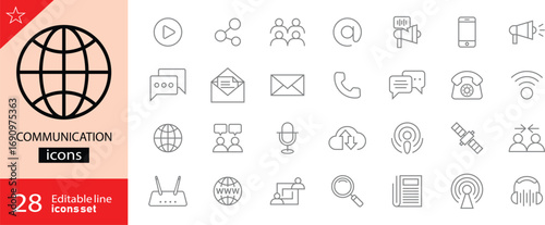 Communication icon set. Containing speak, phone, mail, contact, chat, website, satellite, radio, antenna, message, connection, call, support, news and more. Editable line icons. Vector illustration.