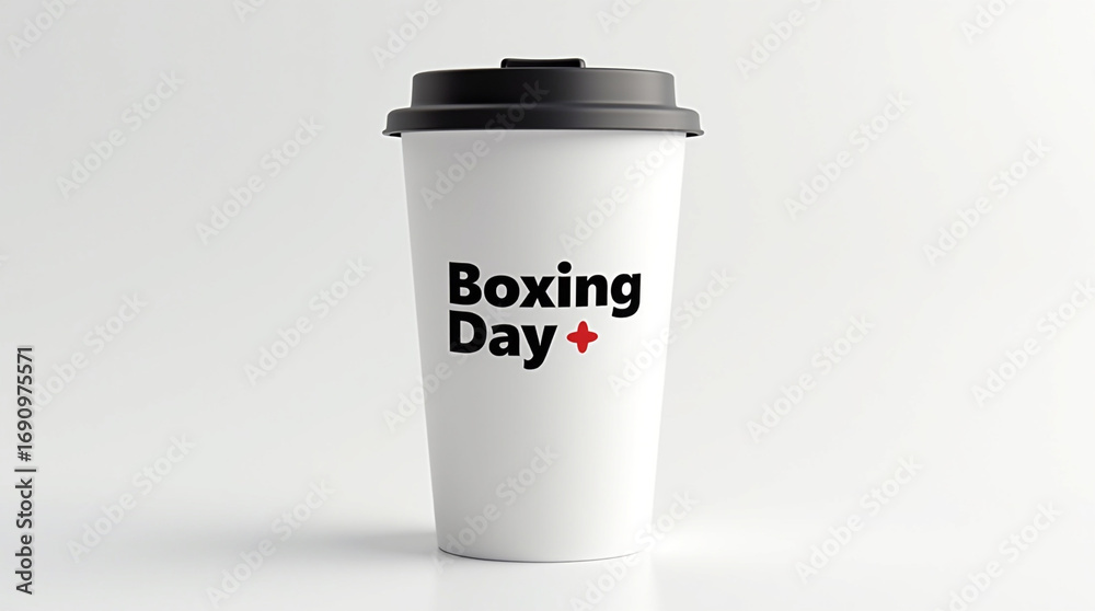 Fototapeta premium A sleek white paper cup with a black lid isolated on white background, adorned with the words boxing day in black and a subtle red plus sign, ideal for seasonal promotions
