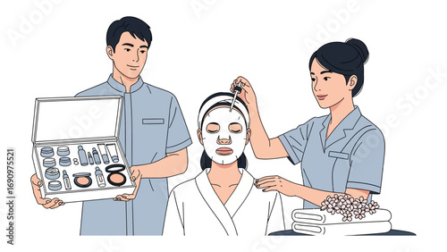 Two professional beauticians applying a facial mask to a woman in a spa setting with beauty products and equipment displayed