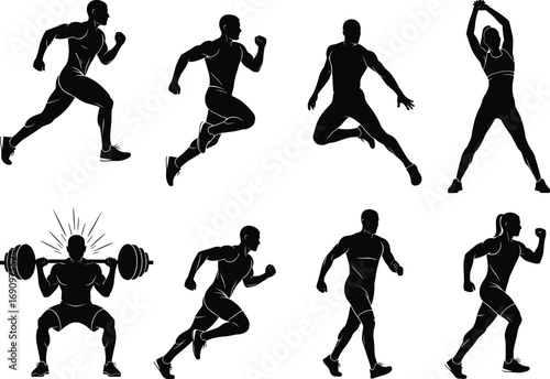 PrintFitness silhouette running, stretching, boxing, lifting weights, athletic posture, workout motion, black vector illustration, sports activity, gym training, health exercise graphic