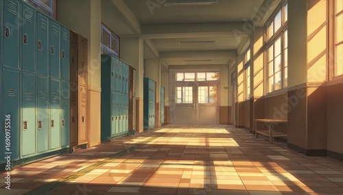School hallway bathed in sunlight