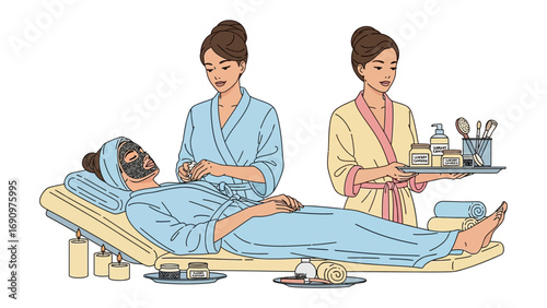 Two spa attendants in bathrobes and towels apply a facial mask to a reclining client on a massage table with beauty products